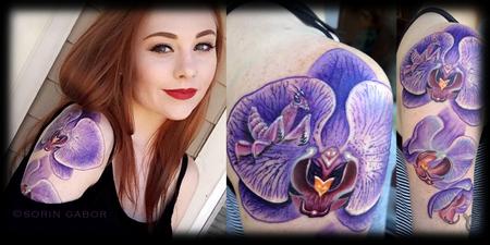 Tattoos - Realistic color purple orchid and orchid mantis tattoo in progress details and healed - 120623